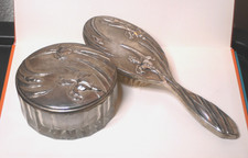 Vintage Art Nouveau Style Hair Brush, Flower Design w Powder Puff Dish + Lid _c8