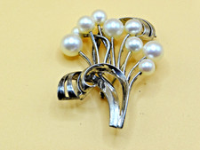 MIKIMOTO 925 Sterling Silver Antique Japan Real Akoya Pearl Floral Pin Brooch