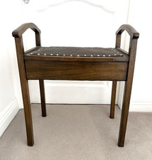 Solid Oak Antique Piano Stool With Storage And Upholstered Seat