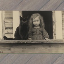POSTCARD Girl Black Cat Weird Creepy Pet Old Vibe Unusual Cute Scary Strange Fun