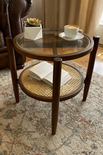 Rattan Side Table Round Two Tier Living Room Bedroom Furniture Tempered Glass