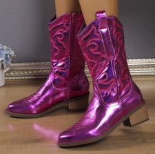 Cowboy-Boots Mid Calf Ladies Heel Shoes Zip Western Rider Faux Leather Size New