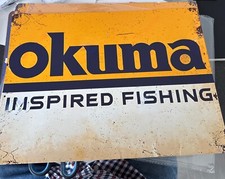 RETRO LICENSED OKUMA FISHING TACKLE  COMPANY ANTIQUE LOOK TIN SIGN SHED