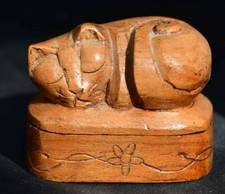Hand-Carved Thai Sleeping Cat Wooden Trinket Box