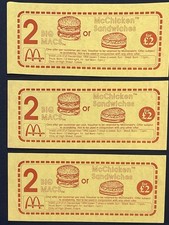 Lot of 3 Mc Donald’s Vouchers. Year 1994. Unused and In Very Good Condition