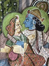 Vintage Krishna & Radha, Hand Painted on Silk, Unframed, 70cm x 48cm