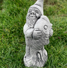 Funny gnome with a fish Concrete fisherman statue Garden cement decor Stone art