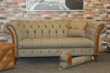 HARRIS TWEED & CERATO ANILINE LEATHER BRETBY, CHESTERFIELD 2 SEATER SOFA 