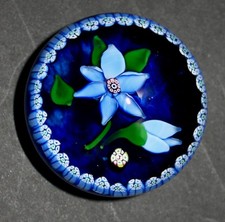 JOHN DEACONS J GLASS PAPERWEIGHT, LAMPWORK FLOWERS, BLUE GROUND AND MILLEFIORI.