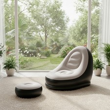 PVC Flocked Camping Couch Inflatable Sofa Set Air Mattress w/ Foot Stool Outdoor