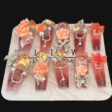 Autumn Fairycore Press On Nails | 3D Orange Roses, Butterflies, Maple Charms