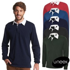 UNEEK Classic Rugby Shirt Unisex Plain Long Sleeve Work Cotton Polo Top UC402