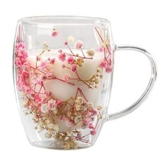 Dried Flower Double Wall Clear Glass Coffee Mugs Double Insulated Glass Cup