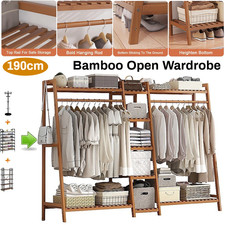 Bamboo Open Wardrobe 5-Tier Hanging Garment Rack Clothes Coat Organizer Shelf UK