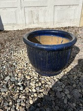 Vintage Extra Large Blue Plant Pot With Drainage Hole