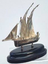 925 Silver - Maltese Miniature Model of a Sailing Boat on an Ebonised Plinth