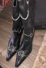 maria cristina Black Leather Cowboy Western Boots Size 40 With Python Trim