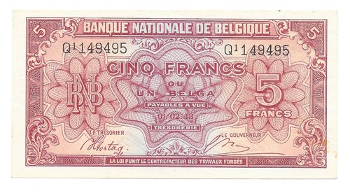 1943 belgium francs banknote - 1943, 5