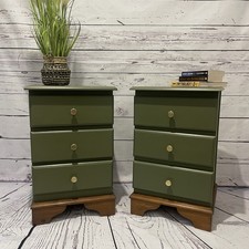 Bedside Cabinets Solid Pine 3 Draw Upcycled Olive Green Furniture.
