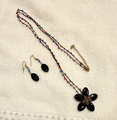 Black beaded flower pendant - beaded,