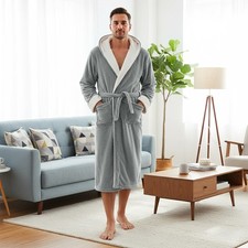 Men's Long Dressing Gown Fleece Hooded Towelling Bath Robe Warm Lounge Nightgown