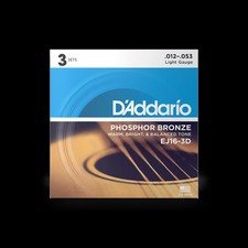 D'Addario EJ16-3D Phosphor Bronze 12-53 Acoustic Guitar Strings, Pack of 3