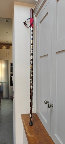 Hiking stick with many - , badges