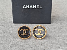 CHANEL Gold Black Button Rope Edge CC Logo Clip-On Earrings - Vintage Authentic