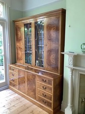 Pre-owned polished burr walnut filing cabinet/bureau with glass-door bookcase 