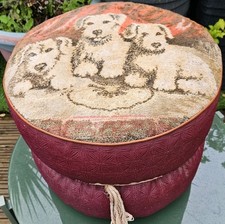Hanley Vintage Footstool On Castors 1970s 3 Puppies Red Vinyl & Velour Top.