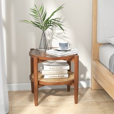 2 Pcs Round Side End Table PE Rattan Coffee Table-Brown