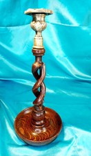 Antique English Oak Open Barley Twist Brass Thistle Top Candle Holder CIRCA 1900