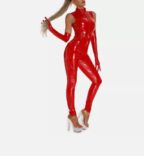 PVC Faux Leather Catsuit 2 Way Zipper Shiny Bodysuit Long Sleeve Jumpsuit Women