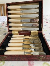 Antique Vintage Silver Plate Faux Bone Handle Fish Knives & Forks