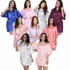 Plain Silk Satin Kimono Robe Dressing Gown Wedding Bridesmaid Bathrobe Stock UK