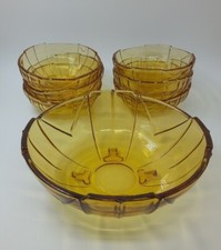 Amber Glass Fruit Bowl Set, Vintage Sowerby Chevron Pattern #No. 2632 c.1954