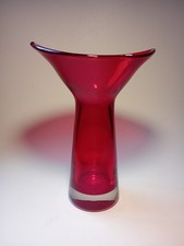 Vintage Krosno Poland Ruby Red Elliptical Rimmed Glass Vase c1980's