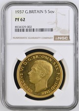 1937 GOLD PROOF SET, FIVE POUNDS TO HALF SOVEREIGN, ALL NGC PF62