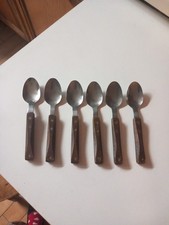 Six Tactile Vintage Wooden Handled Stainless Steel Teaspoons