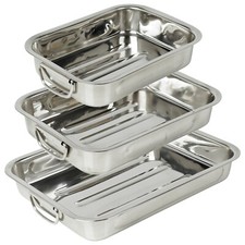 3 Pcs Stainless Steel Roasting Oven Trays Tins Dish Set Roaster Bakeware Pans