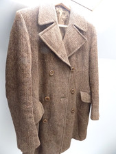 Rare Vintage St Michael Harris Tweed Herringbone Over Coat 38" Brown Wool 