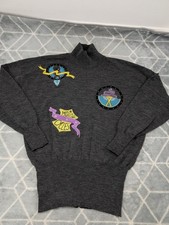 RARE Vtg 80s 90s Laurel Escada Mock Neck Moto Patches Embroidered Sweater Large