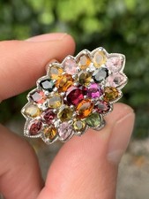 Solid Silver Multicoloured Tourmaline Exceptional Large Cluster Ring ￼