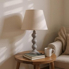 Elegant 43cm Wooden Washed Table Lamp with Taupe Linen Shade Shabby Chic Style