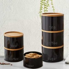 3 Piece Jar With Wooden Lid Tea Coffee Sugar Canister Storage Container Bowl Pot