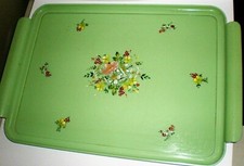 VINTAGE PALE GREEN PAINTED SERVING TRAY - RECTANGULAR HAND PAINTED FLOWERS