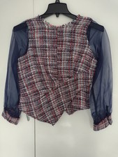 Zara Size Medium 10-12 Ladies Tartan Check Blue Red White Blouse Sheer Sleeve