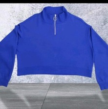 Divided women's crop 1/4 zip pull over in blue uk M: sweatshirt w O ring