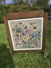 Antique Fire Screen Needle Craft Floral Design Wooden Frame Fireplace Decor Vtg
