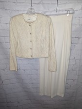 Vintage Cache Women's Evening Pant Suit Jacket Cream Ivory Beaded Buttons  Sz 4